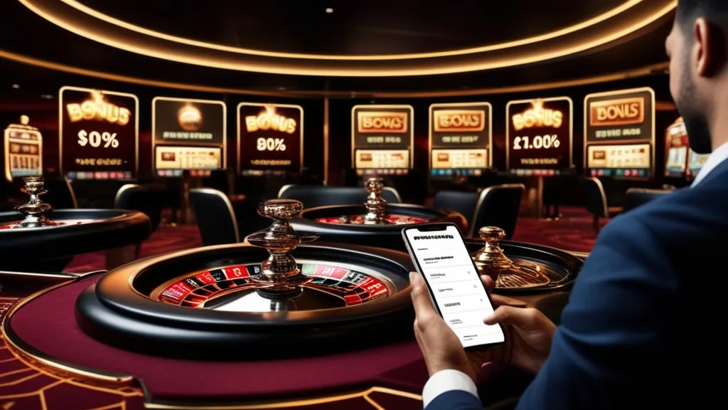 Salle de casino sombre avec offres bonus et joueur consultant les conditions