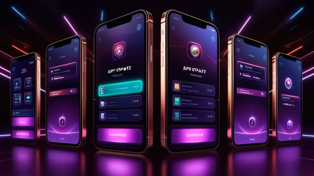Plusieurs smartphones montrant des mises à jour et la compatibilité de l’app