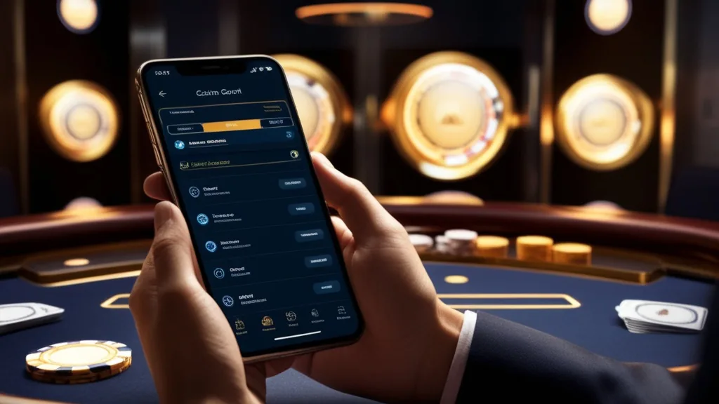 Réglages de compte affichés sur smartphone dans un décor de casino