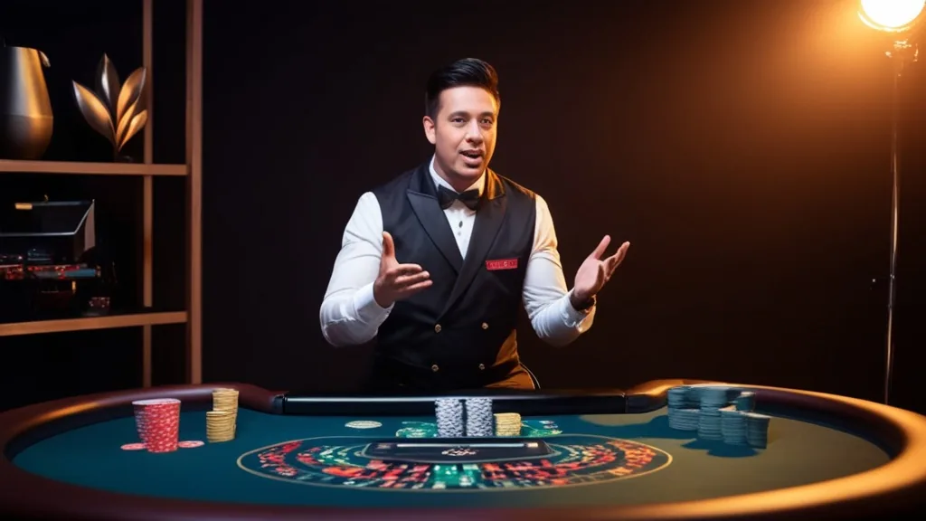 Croupier en direct animant une table de casino dans un studio sombre