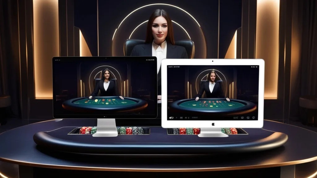 Table en direct affichée sur mobile et ordinateur avec croupier en arrière-plan