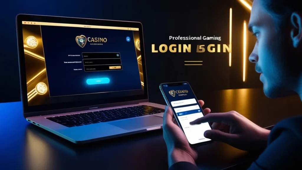 Formulaire de connexion sur ordinateur et mobile dans un décor de casino sombre