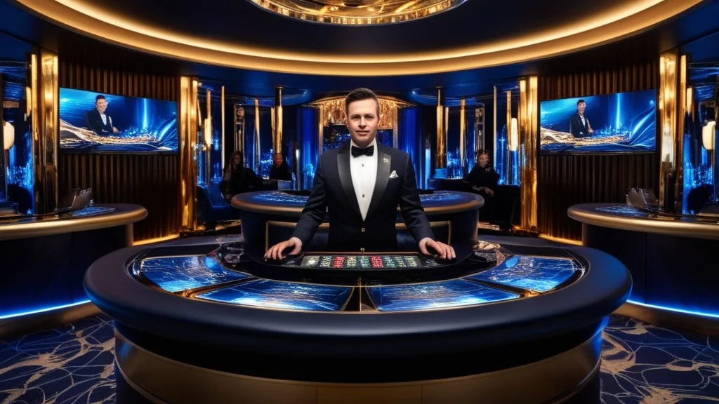Ambiance immersive d’un casino en direct avec croupier et éclairage dramatique