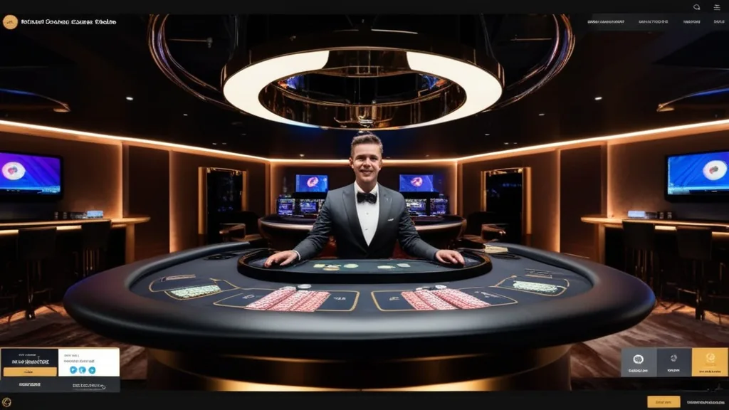 Table de casino en direct avec croupier, cartes et interface de mise