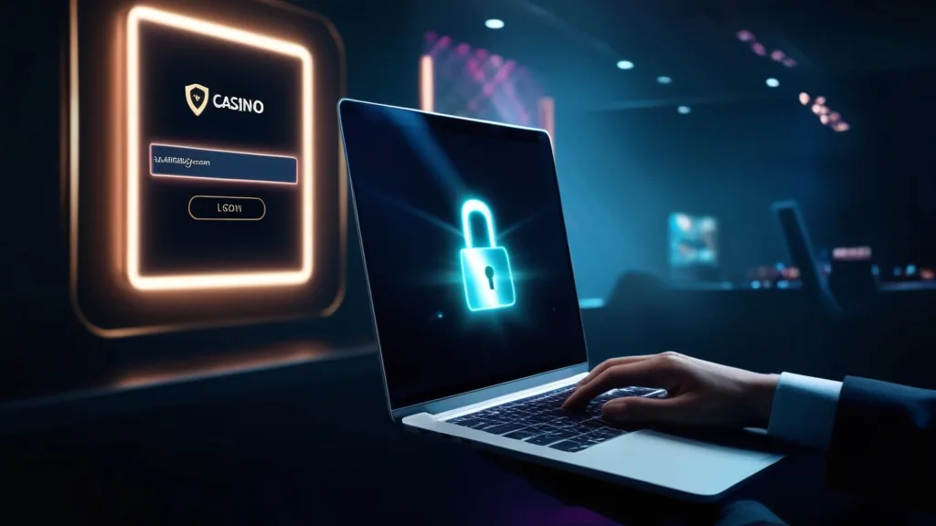 Écran de connexion casino sombre avec cadenas et vérification d’adresse
