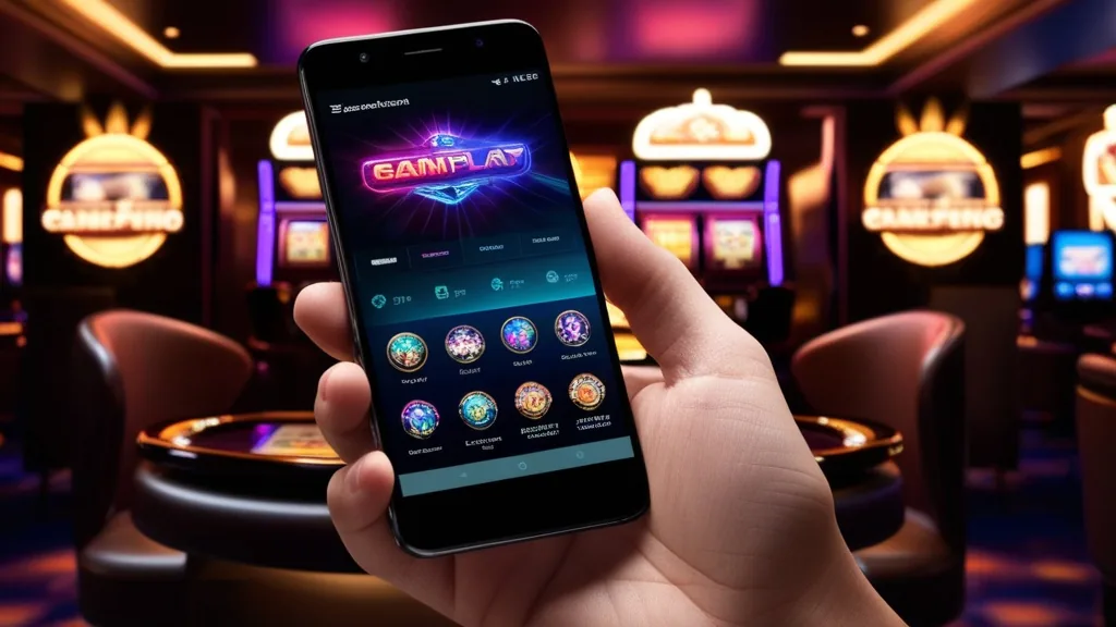 Téléphone Android affichant une interface de casino dans une ambiance sombre