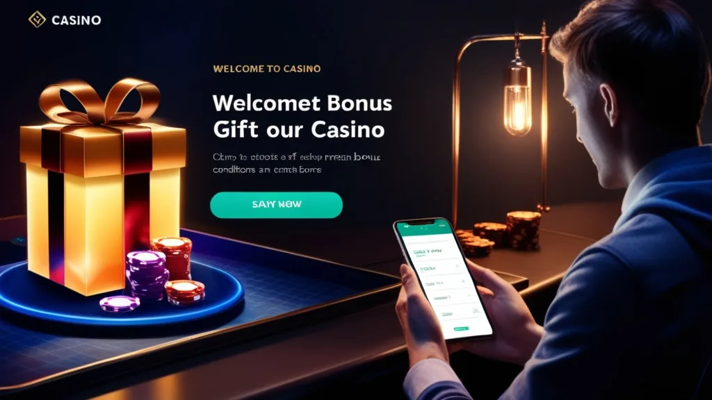 Nouveau joueur découvrant une offre de bienvenue dans un casino sombre
